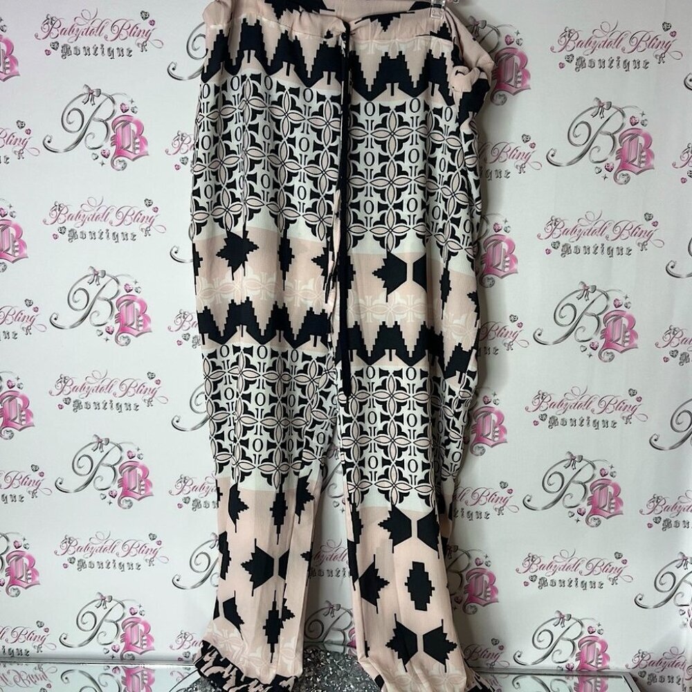 Milan kiss pants wide leg flare Elegant Black and Cream Patterned boho